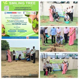 Smiling Tree to observe 'Van Mahotsav Week' planted on 29th June, 2024, hundred trees at Garhi Wajipur village, KRMU Campus, Gurugram, in collaboration with NSS KR Mangalam University, KEIC STI Hub, and sponsored by the Department of Science & Technology (DST), Government of India. Vice Chancellor KRMU Prof. Raghuvir Singh, Registrar Dr Rahul Sharma, NSS Coordinator Dr Neeraj Kumari, faculty staff and students of KRMU participated in the drive.